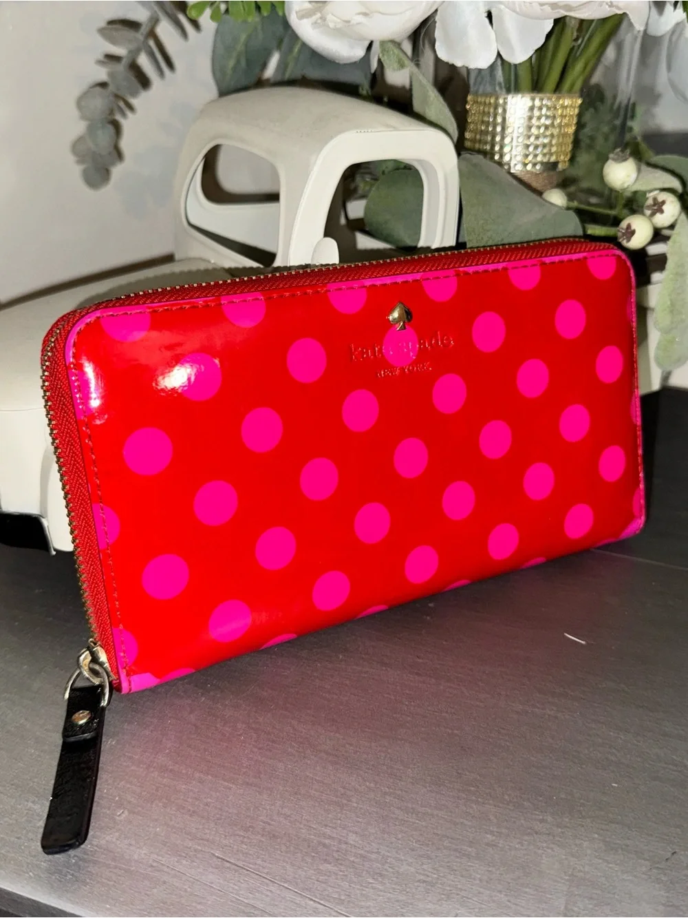 Kate Spade Red Patent Long Wallet with Pink Polka Dots - GUC